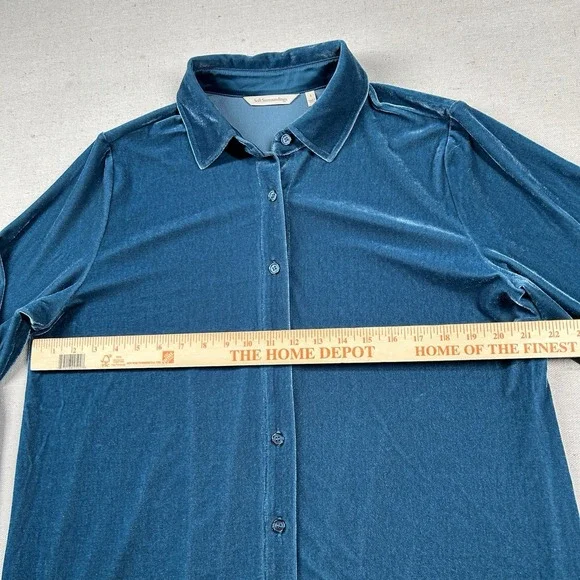 Soft Surroundings Shirt Women L Velvet Button Up Velour Teal Blue Green Collared - Picture 5 of 7